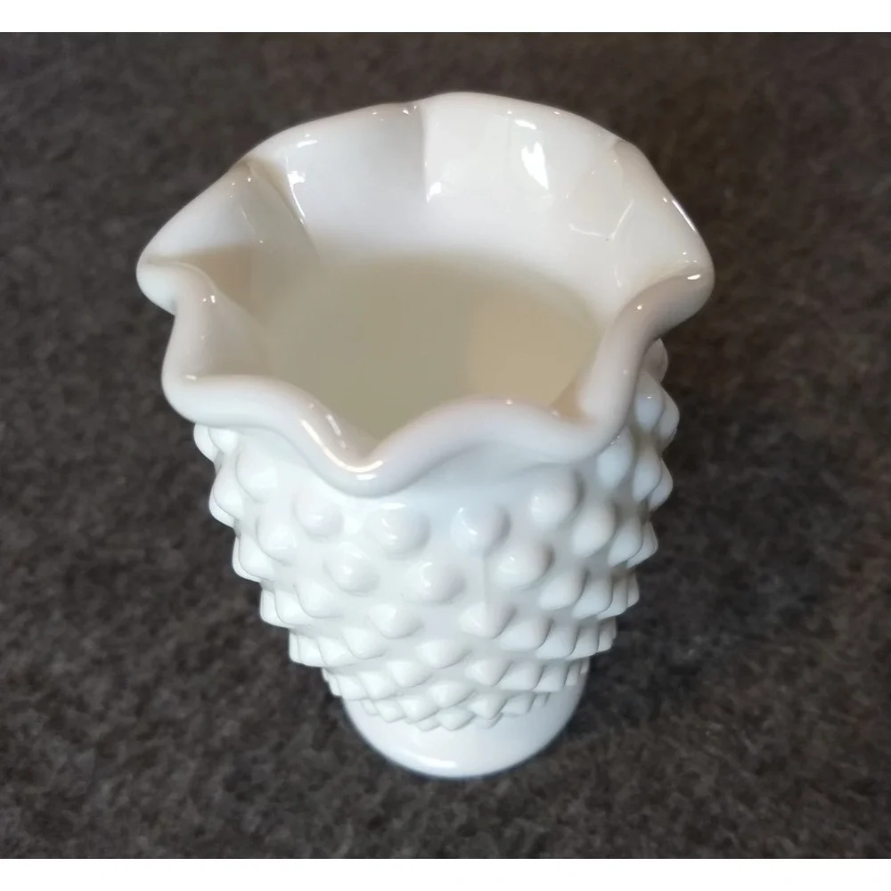 Vintage Fenton White Milk Glass Hobnail Mini Vases Set of 2 Ruffled Crimped Edge